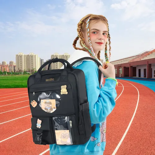 Vista 7 de Bevalsa Mochila Kawaii para niñas y niños, linda mochila Ita con corazón japonés, mochila escolar para adolescentes y niñas con bonitos pines, Negro