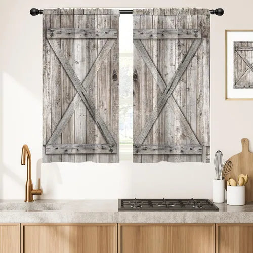 Vista 2 de Cortinas de cocina de estilo granja occidental con bolsillo para cortinero, pequeñas y cortas, estilo café rústico, cabaña, puerta de granero