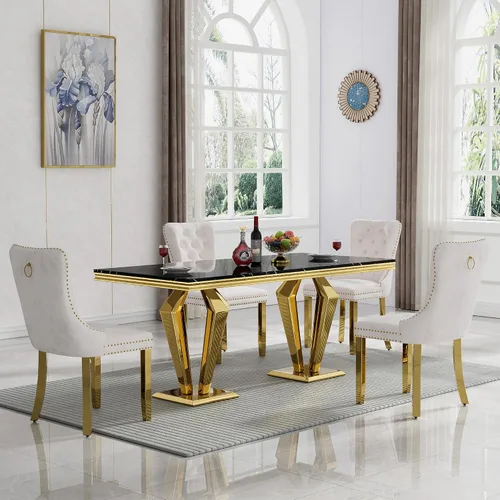 Vista 79 de Juego de mesa de comedor de mármol sintético, 7 piezas, juego de mesa de cocina y comedor para 6, mesa de comedor rectangular blanca de 70 pulgadas