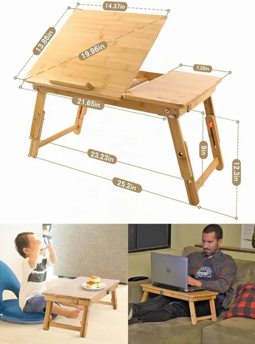 Vista 3 de Mesa para laptop Nnewvante ajustable de bambú, bandeja plegable para servir el desayuno en la cama con cajón superior inclinable