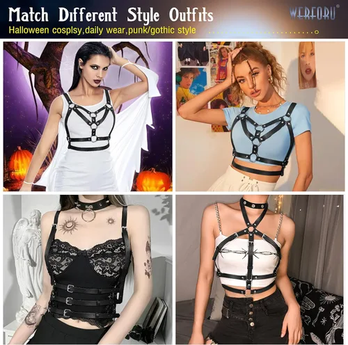 Vista 6 de WERFORU Cinturón punk ajustable de piel sintética negra para mujer, para Halloween, Negro