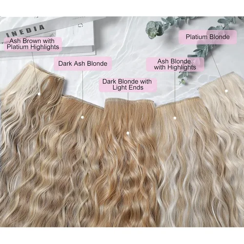 Vista 5 de REECHO Extensiones de cabello con clip, 5 piezas, de 24 pulgadas, de color rubio ceniza, extensiones de cabello con ondas largas y sueltas, HE002