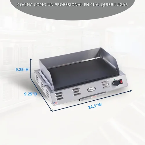 Vista 4 de Cadco CG-10 Plancha ahorradora de espacio para encimera, acero inoxidable, 120 V, área de cocción de 21 "x 12", para uso comercial