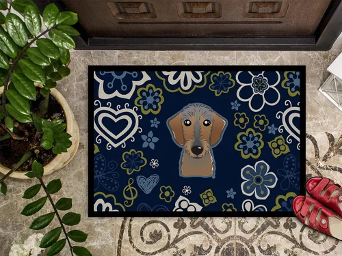 Vista 3 de Caroline's Treasures BB5084MAT - Felpudo de pelo salchicha con diseño de flores azules de 18 x 27 pulgadas, tapete para puerta delantera
