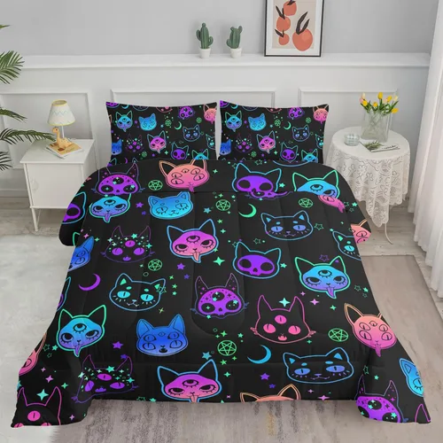 Vista 19 de Axolotl - Juego de ropa de cama para niños con diseño de gatos de dibujos animados tamaño individual, juego de edredón con líneas degradadas y lindo