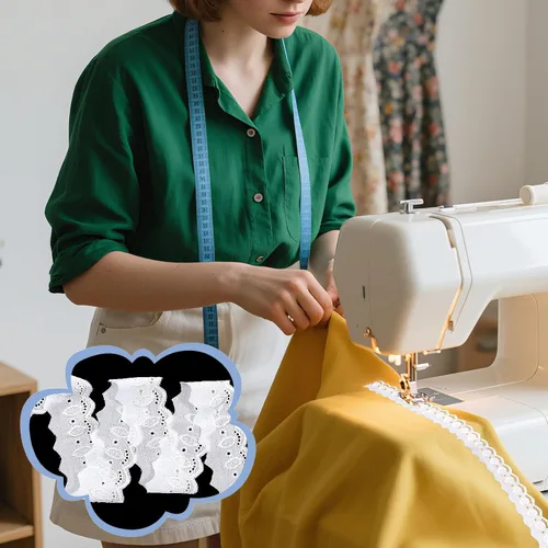 Vista 5 de Ribete de encaje de algodón de 15 yardas, cinta de encaje con ojales blancos, borde ondulado, bordados florales para coser vestidos, ropa, bolsas