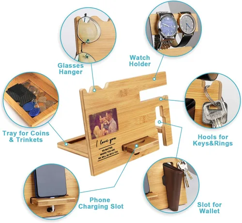 Vista 5 de Regalos para hombres – Estación de acoplamiento de madera personalizada – Organizador de mesita de noche grabado con soporte para teléfono, soporte
