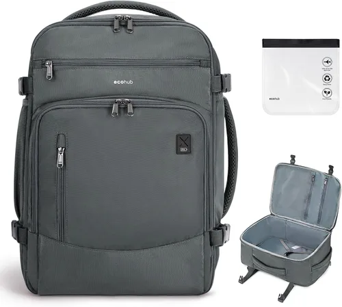 Vista 11 de ECOHUB Mochila de Viaje Mochila de Equipaje de Mano Carry on Backpack Water Resistant Fit 15.6" Laptop AirTag Pocket, Lightweight Casual Daypack
