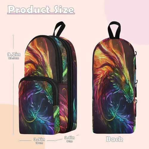 Vista 3 de Estuche para lápices de dragón arcoíris de gran capacidad, con compartimento, organizador de papelería con forma de mochila escolar