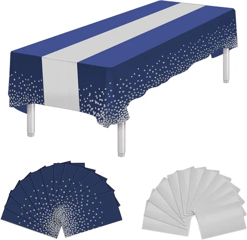 Vista 21 de Paquete de 12 manteles rectangulares de plástico negro desechables y satinados, mantel rectangular negro y dorado para cumpleaños, aniversario