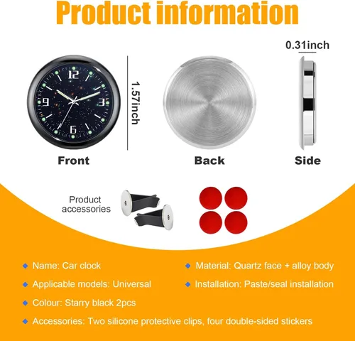 Vista 2 de Dickno 2 piezas de reloj de tablero adhesivo para automóvil, mini relojes de ventilación de cuarzo analógico luminoso, relojes de ventilación