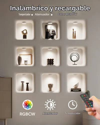Vista 2 de Luces LED recargables de disco con control remoto, luces de botón con pilas de 2400mAh, luces adhesivas magnéticas para tocar, luz inalámbrica