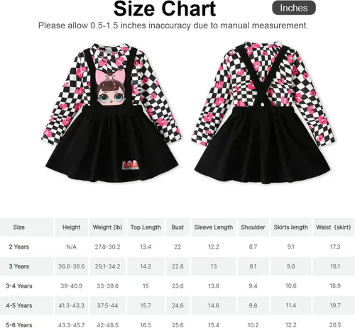 Vista 6 de L.O.L. Surprise! Conjunto de 2 piezas de camiseta de manga larga con cuello alto a cuadros para niña pequeña, falda con tirantes color negro