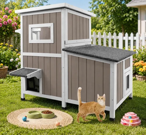 Vista 9 de Gowoodhut Casa para Gatos de Exterior de 36.1" de Largo, Refugio de Madera para Gatos de Exterior de 2 Pisos con 3 Puertas de Escape, Casa de Madera