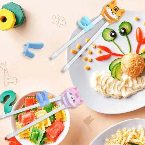Vista 5 de Quimoy 2 pares de palillos para niños, palillos de rebote automático para niños, palillos con diseño de dibujos animados de animales lindos