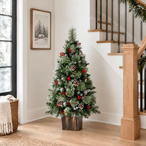 Vista 4 de Jin&Bao Árbol de Navidad artificial de 4 pies, árbol en maceta con 100 Verde bosque