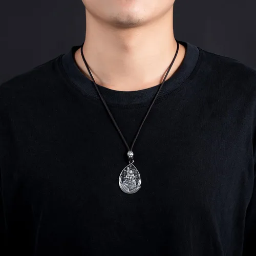 Vista 5 de AnuClub Collar con colgante de escultura de Buda Guanyin de plata de ley S999, amuleto de la suerte, joyería de San Patrono del zodiaco chino