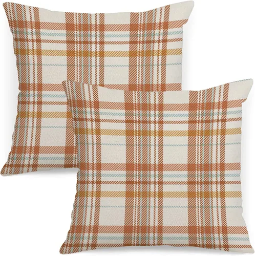 Vista 14 de AOFANGGO - Juego de 2 fundas de almohada de otoño decorativas de 16x16 pulgadas. Fundas de almohada de cuadros naranja y gris, cojines de lino