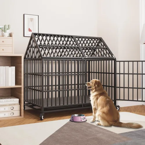 Vista 8 de Jaula indestructible para perros de 44 pulgadas, resistente y de alta ansiedad, a prueba de golpes, jaula de techo puntiaguda de metal para perros