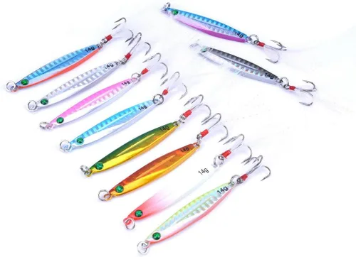 Vista 8 de Aorace 10 piezas de metal duro jigs buceo pesca mar señuelos minnow Popper cebos aparejos Crankbait agua salada señuelos de agua dulce con pluma