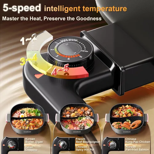 Vista 4 de Stariver Olla eléctrica de 6L con divisor, 1300 W, olla de doble sabor para dos caldos, control de 5 temperaturas y revestimiento antiadherente
