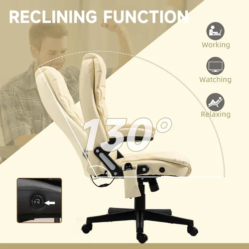 Vista 6 de HOMCOM, silla de oficina ejecutiva, ergonómica, piel sintética, con calor, masaje vibratorio., Cuero, Crema