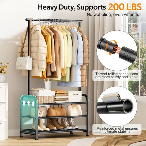 Vista 7 de MISSLO Perchero resistente con ruedas y estantes para colgar ropa con 3 estantes