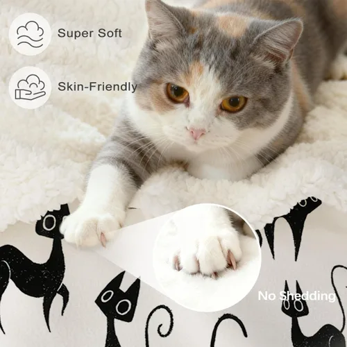 Vista 5 de Sleepwish Manta de forro polar con diseño de gato negro, con siluetas divertidas de gatos, manta Sherpa de felpa para niños y niñas, manta