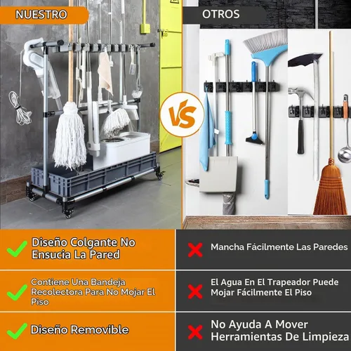Vista 4 de Generic Carrito de limpieza multifuncional y organizador de herramientas - Soporte para escoba y fregona