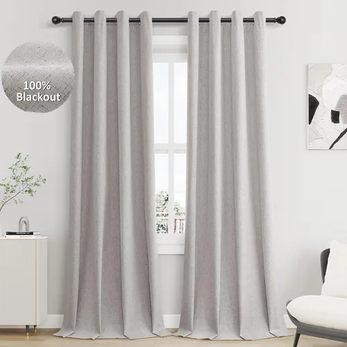Vista 64 de Beige White Linen Blackout Curtains 90 Length 2 Panels Set for Living Room Bedroom, 100% Black Out Thermal Insulated Linen Drapes, Room Darkening