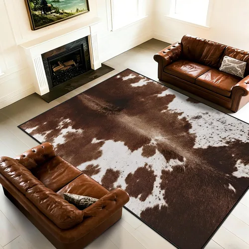 Vista 9 de Alfombra de piel de vaca sintética con estampado de vaca: 4.6 x 5.2 pies, alfombra rústica de decoración occidental para dormitorio, sala de estar