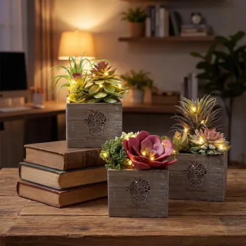 Vista 3 de Plantas artificiales de interior con luces LED, pequeñas plantas Niebla matutina