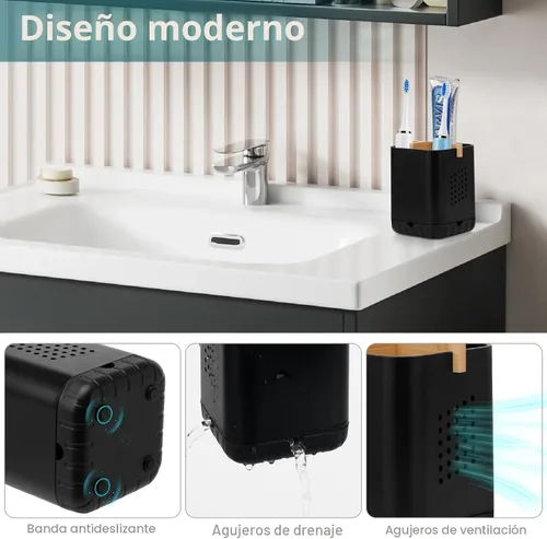 Vista 3 de Boperzi Portacepillos de dientes negros para baño, soporte eléctrico para cepillos de dientes con divisor de bambú, cepillo de dientes