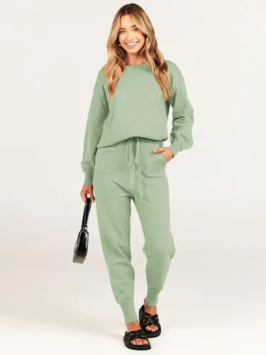 Vista 8 de ANRABESS - Conjunto de dos piezas para mujer, conjunto de suéter de manga larga sin botones y pantalones con cordón