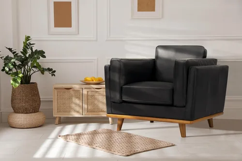 Vista 2 de Valencia Artisan - Silla decorativa de cuero completo de 41.5 pulgadas, silla de napa italiana pura, acento de madera maciza, máxima comodidad, Negro
