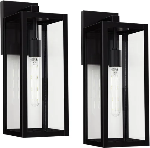 Vista 2 de John Timberland Titan - Juego de 2 lámparas de pared modernas para exteriores, marco rectangular negro místico, paneles de vidrio transparente de 17