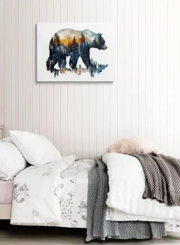 Vista 2 de Lienzo enmarcado de paisaje de bosque, silueta de oso, arte de pared, pintura de acuarela, naturaleza, vida silvestre, decoración de pared, póster