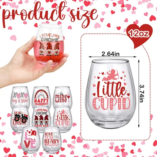 Vista 2 de Nitial 8 vasos de vino sin tallo de San Valentín de 12 onzas, vasos de chupito de amor con corazón, vasos románticos rojos y rosados, regalo