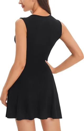 Vista 2 de Verdusa Vestido corto de patinadora con cuello en V profundo, sin mangas, acanalado