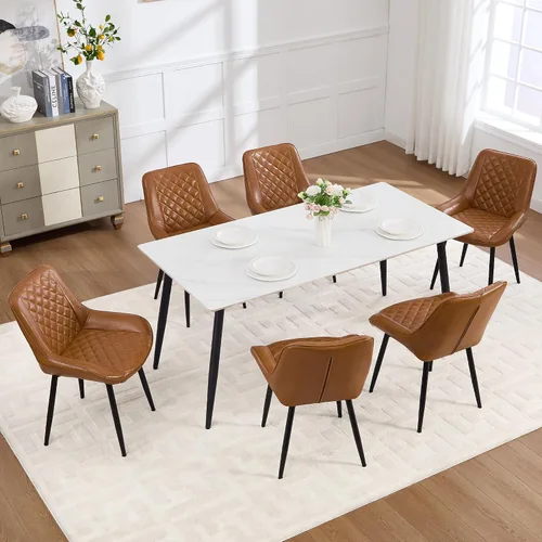 Vista 28 de Silla de Comedor, Sillas de Comedor Modernas con Cojines Gruesos, Sillas de Comedor y Cocina Tapizadas en Cuero Sintético con Patas Metálicas Marrón