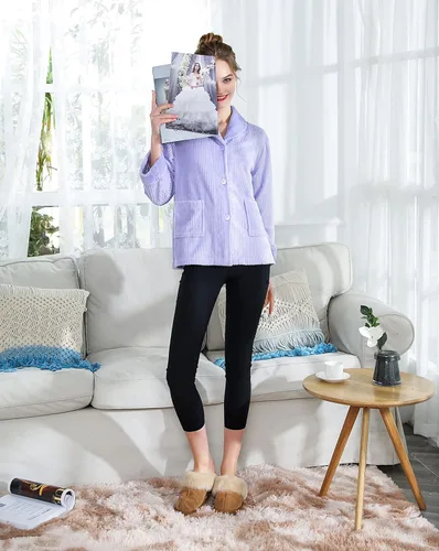 Vista 4 de Chaqueta de cama para mujer, color morado claro, con aguja, forro polar, con botones