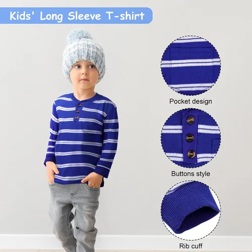Vista 5 de Cooraby Paquete de 4 camisetas de manga larga para niños pequeños a rayas con bolsillo de algodón suave