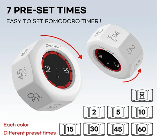 Vista 2 de Flip Cube Pomodoro Timer - Temporizador Visual Recargable de Cuenta Regresiva y Cronómetro de Cuenta Progresiva, 7 Intervalos Preestablecidos, 3