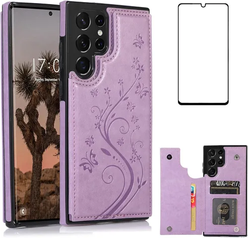 Vista 9 de Asuwish Funda para Samsung Galaxy S22 Ultra con protector de pantalla de vidrio templado, funda de cuero con soporte para tarjetas, doble cierre