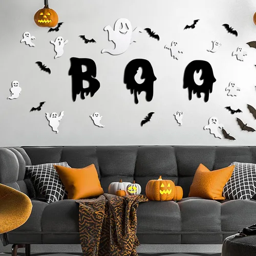 Vista 2 de Decoración de pared de Halloween, lindas calcomanías de fantasma, calcomanías de decoración de murciélagos 3D, 25 unidades, calcomanías de ventana