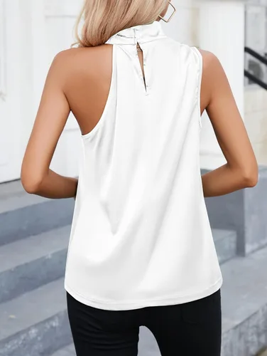 Vista 4 de Famulily Camiseta de satén con cuello alto falso para mujer, sexy, sin mangas, casual, de verano, sedosa, con botón en la espalda