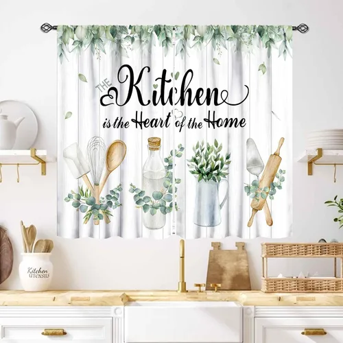 Vista 47 de Cortinas de cocina rústicas, color negro y blanco, tablón de madera con cuchillo y cuchara para barra, bolsillo para barra, tratamiento de ventana