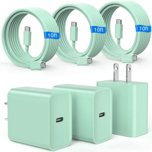Vista 13 de Cargador de carga rápida para iPhone 16 y 15, paquete de 3 cargadores USB C PD de 20 W con cable de 10 pies, cable USB C tipo C para iPhone 16/16