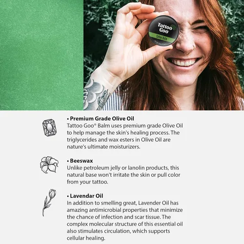 Vista 2 de Tattoo Goo Original Tamaño de Viaje para Cuidado de Tatuajes, Bálsamo Natural para Tatuajes con Cera de Abejas y Manteca de Cacao, Ungüento Calmante