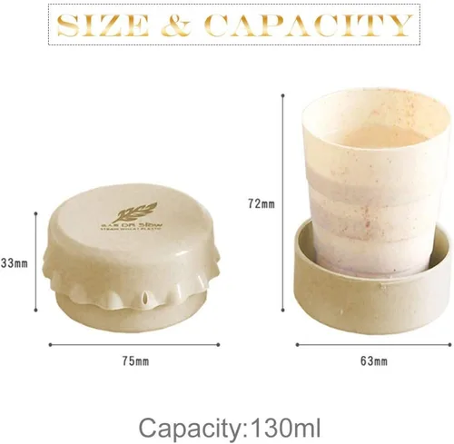 Vista 3 de Taza de camping plegable con tapa, plegable telescópica de trigo con paja, taza de agua plegable sin BPA para viajes al aire libre, color beige